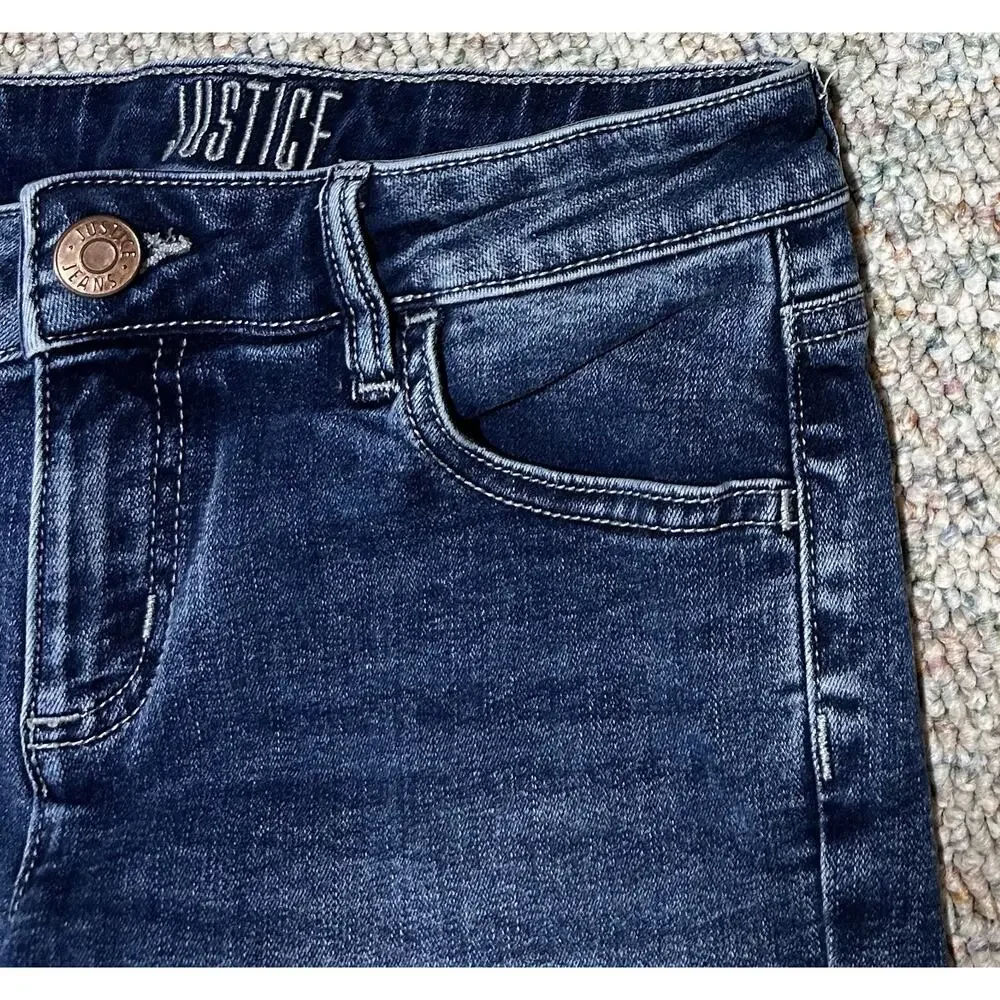 Justice Girls Denim Dark Blue Jean Shorts Size 12 Rolled Cuff Faded